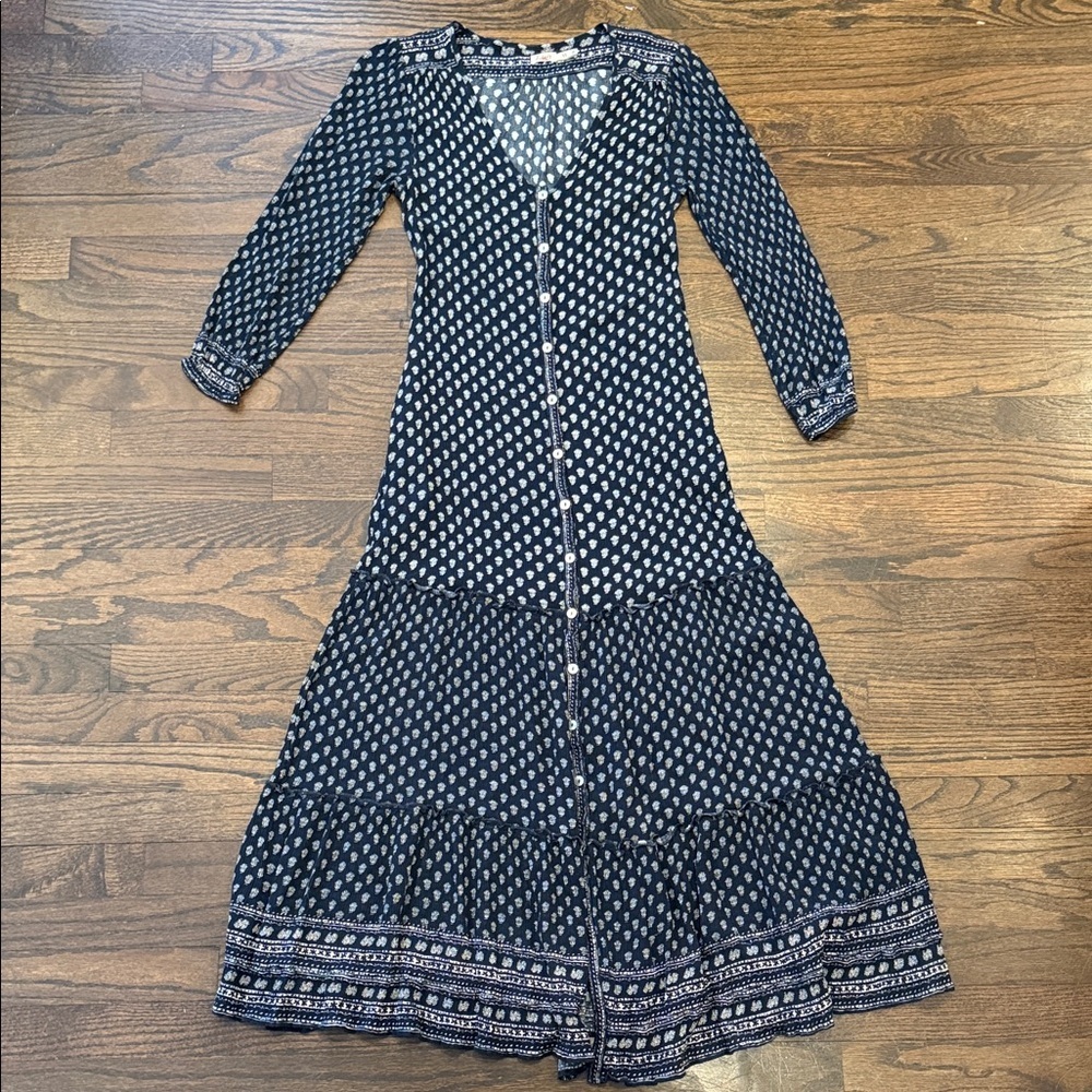 Faherty Navy Folk Print Tiered Button Front Midi Dress XS